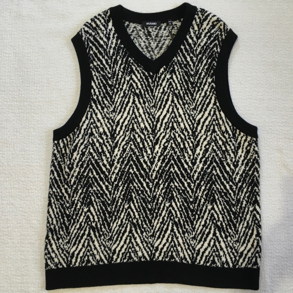 Murano Inflorescence Mens XL Sweater Vest Black White Herringbone V-Neck‎ NWT